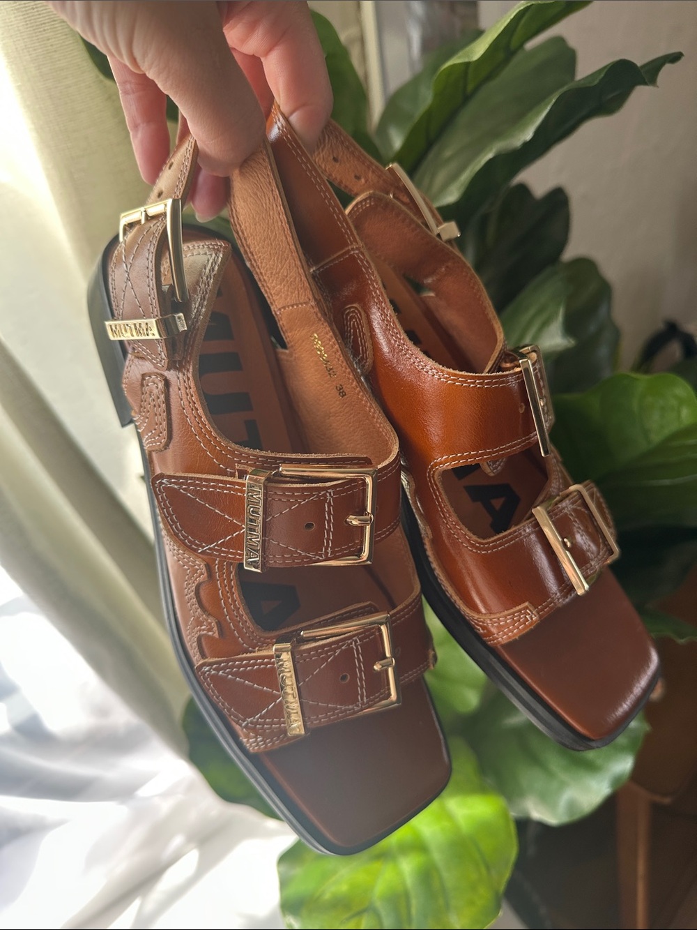 NWT Free People Brown Leather Double-Buckle Slingback Sandals with Gold Hardware